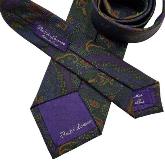 RALPH LAUREN PURPLE LABEL Purple/Green Paisley Silk LUXURY Tie HANDMADE ITALY - Picture 4 of 6